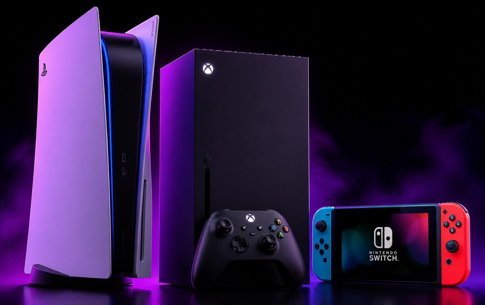 PlayStation 5, Xbox Series X and Nintendo Switch bathed in neon purple rim light